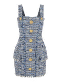 Balmain Women Blue Dress With Frayed Details In Tweed Woman - Insatiable Sensations