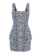 Balmain Women Blue Dress With Frayed Details In Tweed Woman - Insatiable Sensations