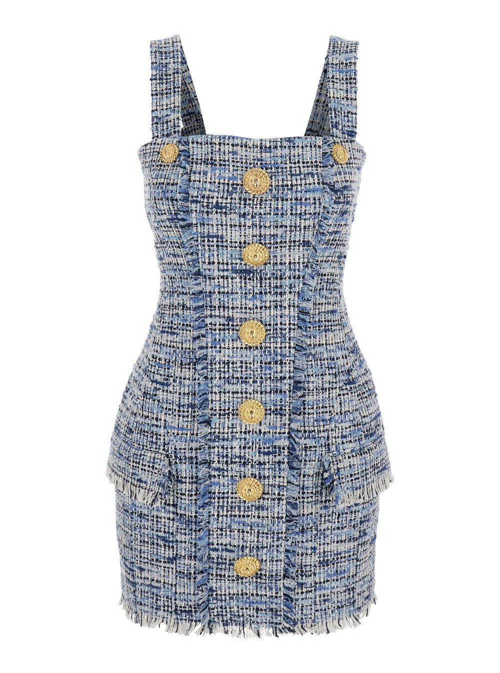 Balmain Women Blue Dress With Frayed Details In Tweed Woman - Insatiable Sensations