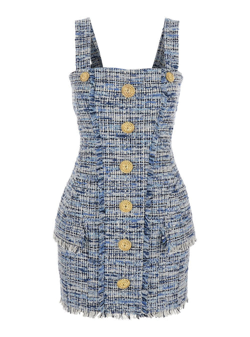 Balmain Women Blue Dress With Frayed Details In Tweed Woman - Insatiable Sensations
