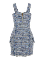 Balmain Women Blue Dress With Frayed Details In Tweed Woman - Insatiable Sensations