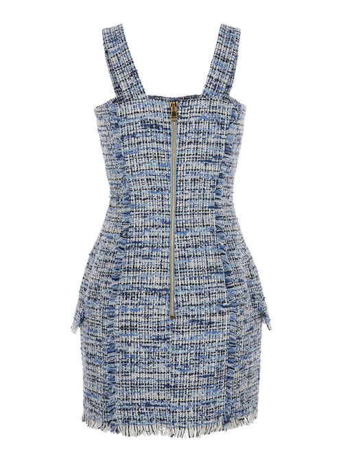 Balmain Women Blue Dress With Frayed Details In Tweed Woman - Insatiable Sensations