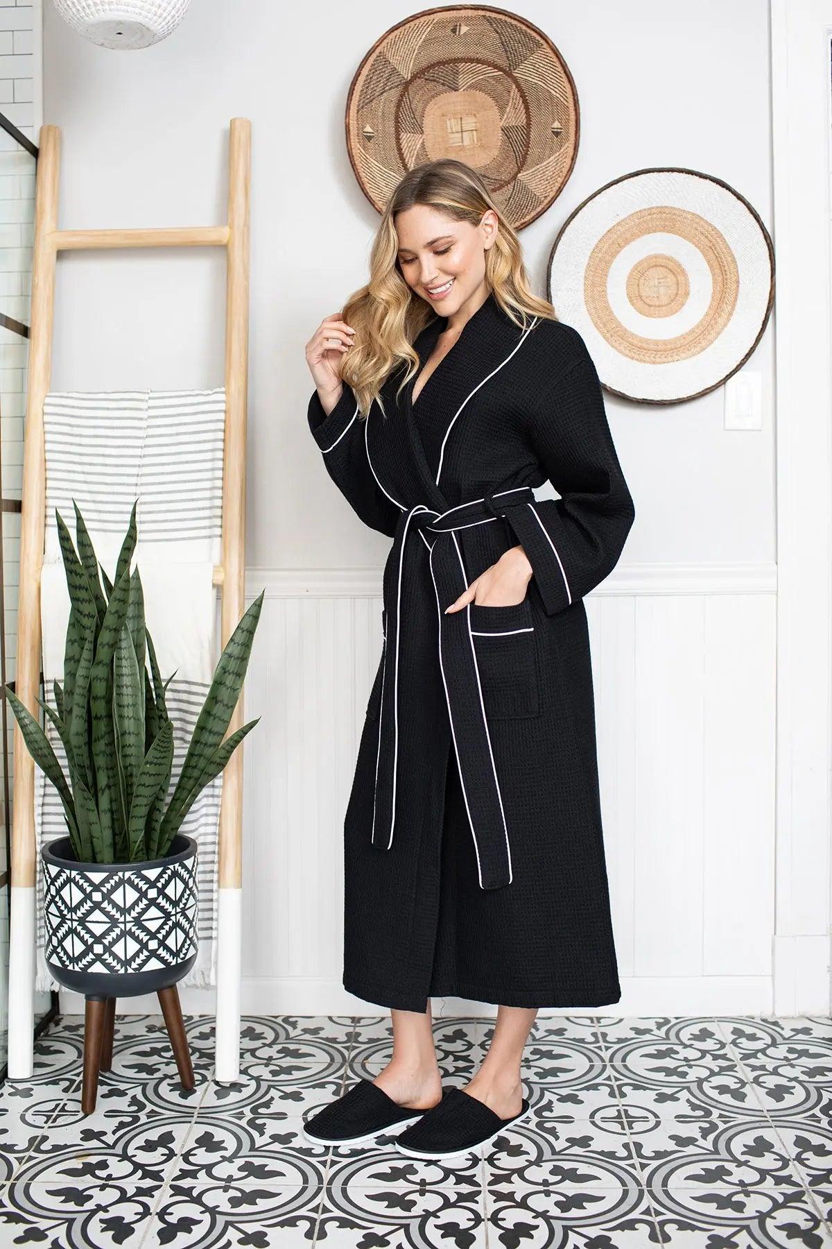 Women’s Waffle Piping Bathrobe – Lightweight Spa-Style Comfort - Insatiable Sensations